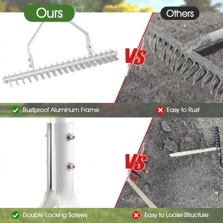 20-inch aluminum lawn loosening rake with 19 curved tines, rustproof frame, and double locking screws for durability.