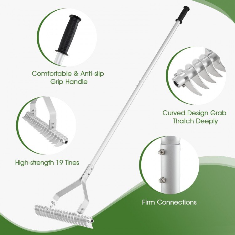 20-inch aluminum lawn rake with 19 curved tines, comfortable grip handle, ideal for loosening soil and thatch removal.
