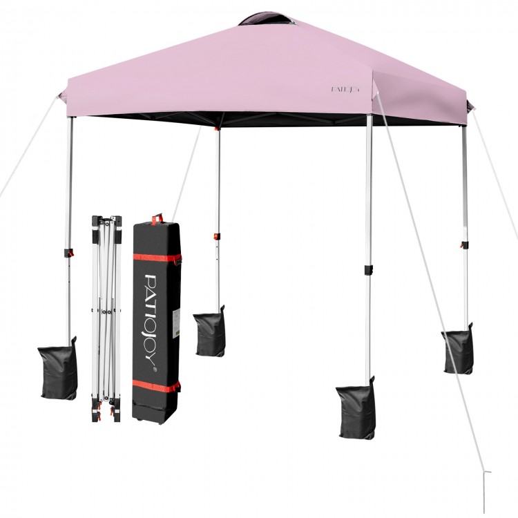 Pink 6.6 x 6.6 feet outdoor pop-up canopy tent with adjustable height and portable roller bag for easy transport.