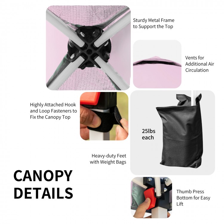 Detail of the 6.6 x 6.6 feet pink outdoor pop-up canopy tent showing sturdy metal frame and weight bags for stability.
