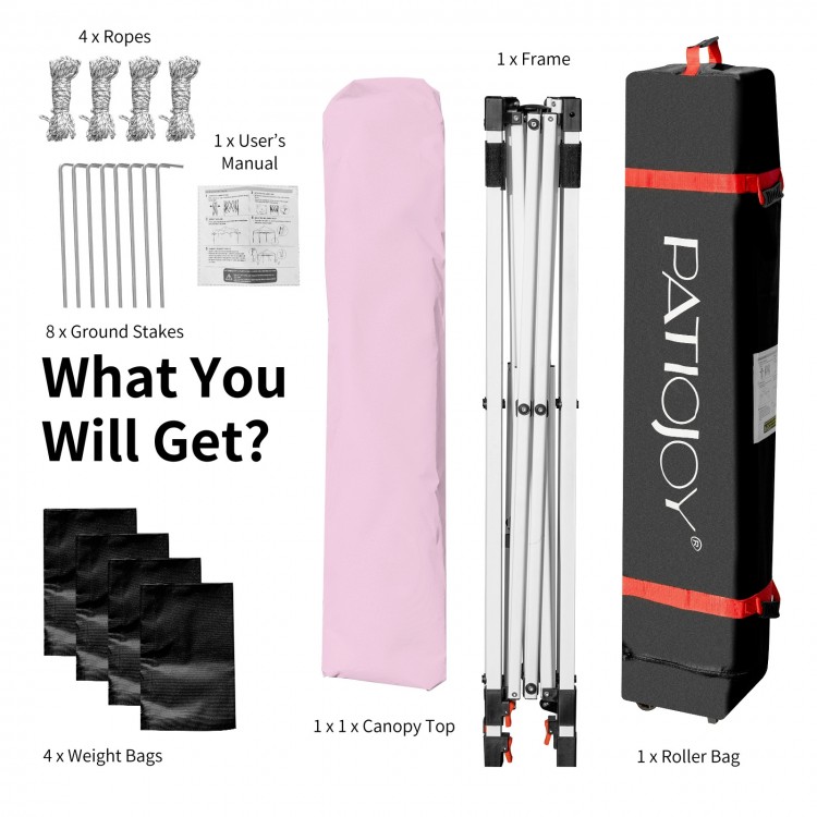 6.6 x 6.6 feet pink outdoor pop-up canopy tent with roller bag and accessories for easy setup and stability.