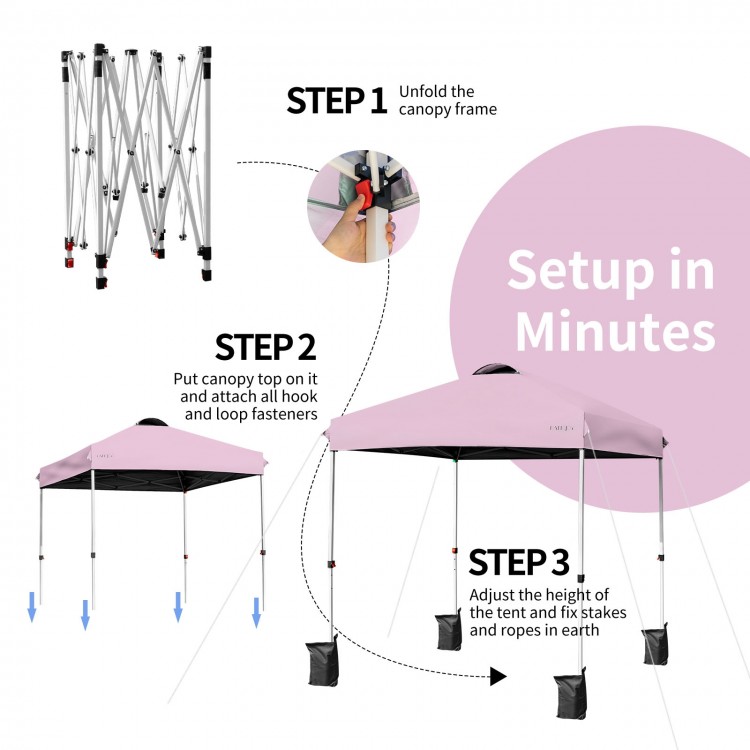 Height adjustable pink outdoor pop-up canopy tent with heavy-duty frame, ideal for quick setup and outdoor shade.