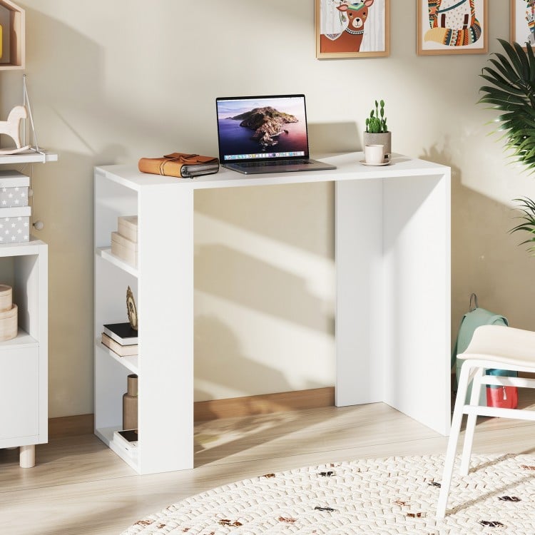 White 36-inch computer desk with 3 open shelves, ideal for small spaces, perfect for home office or study use.