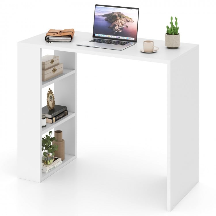 White 36-inch computer desk with 3 open shelves, ideal for home office or study, offering compact storage and stability.