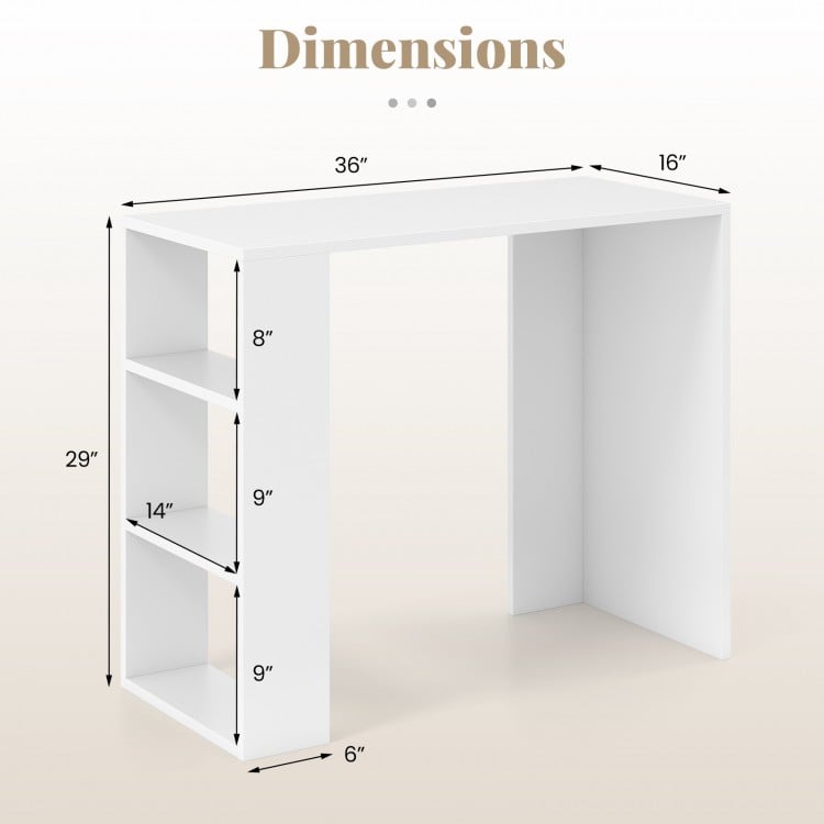 Dimensions of the 36-inch white computer desk with three open shelves for home office or study use.