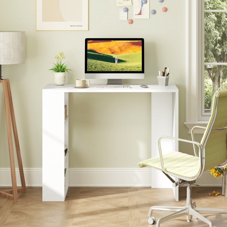 Compact 36-inch white computer desk with 3 open shelves, ideal for home office or study in small spaces.