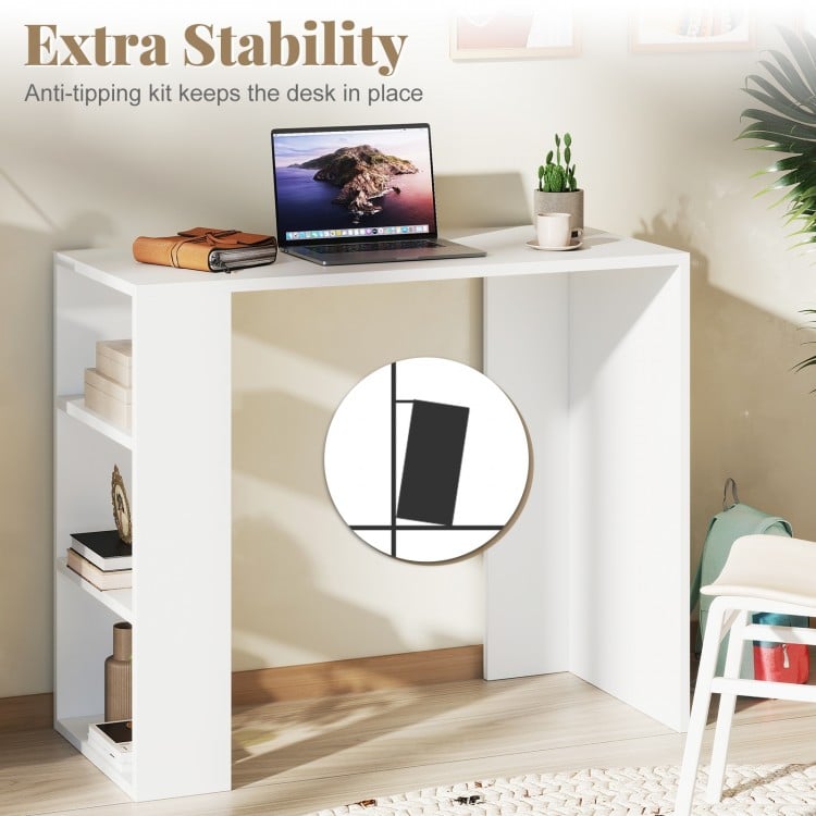 White 36-inch computer desk with 3 open shelves, featuring an anti-tipping kit for stability, ideal for small spaces.