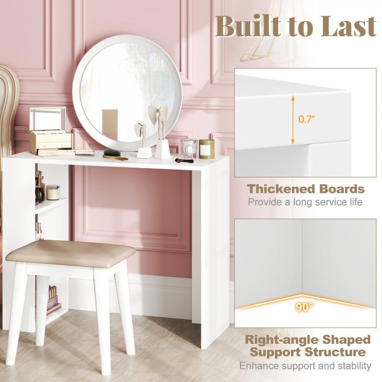 36-inch white computer desk with 3 open shelves, featuring thickened boards and right-angle support for stability.