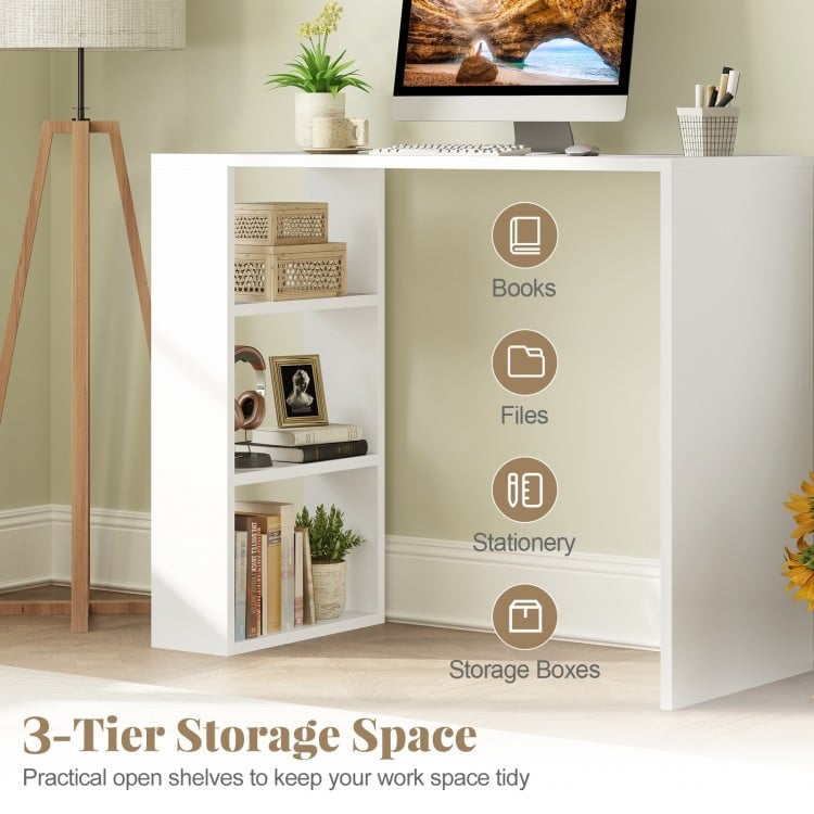 36-inch white computer desk featuring 3 open shelves for books and files, ideal for home office or study use.