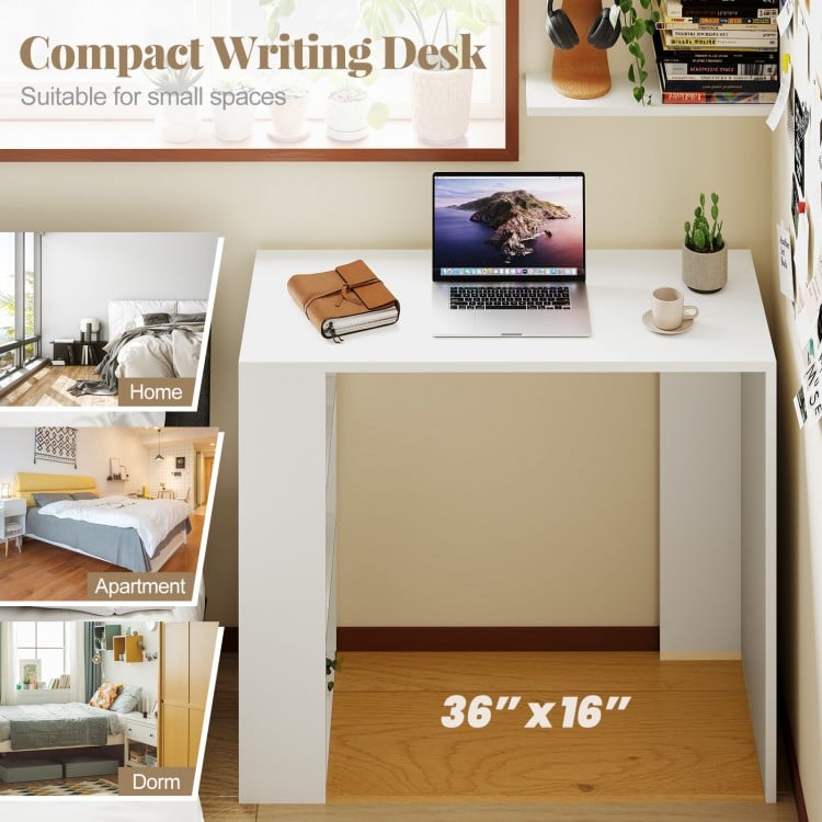 Compact 36-inch white computer desk with 3 open shelves, ideal for small spaces in home, apartment, or dorm.