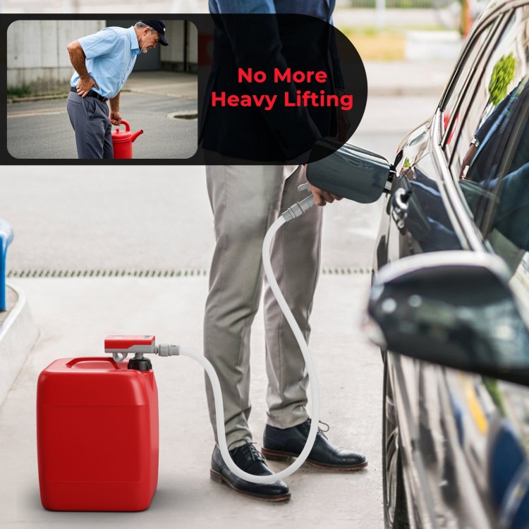 Fuel transfer pump with nozzle for flow control, designed for easy fuel transfer from gas cans to vehicles.