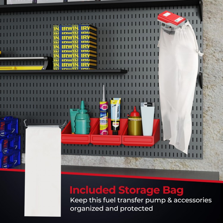 Fuel transfer pump with nozzle and storage bag, organized on pegboard, ideal for gasoline and diesel transfer.