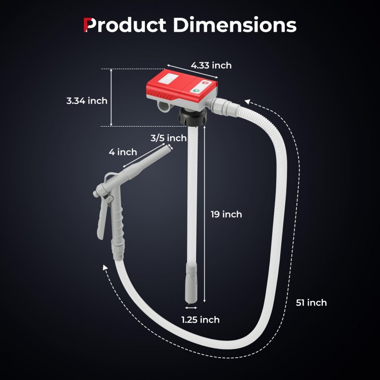 Fuel transfer pump dimensions showing 51-inch discharge hose and flow control nozzle for easy fuel transfer.
