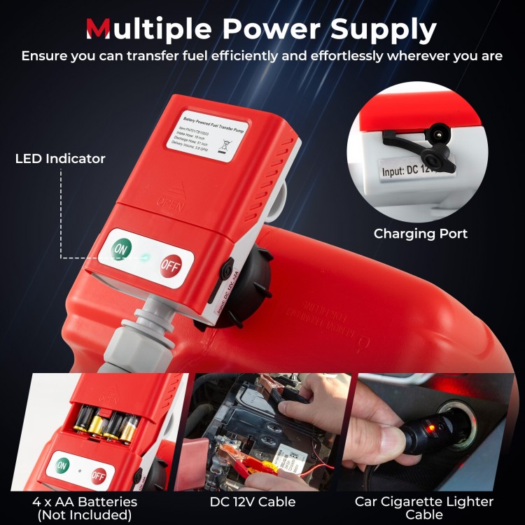 Fuel transfer pump with nozzle, LED indicator, and multiple power supply options for efficient fuel transfer.