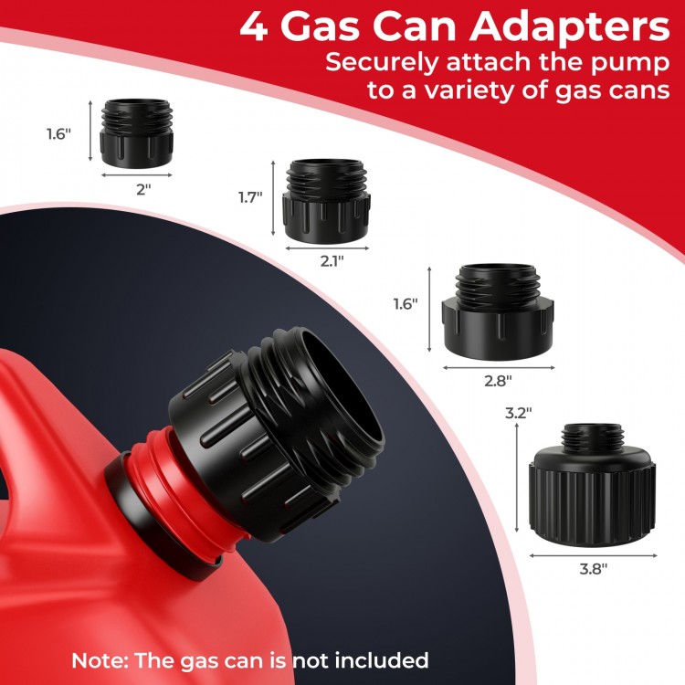 Four gas can adapters for securely attaching the fuel transfer pump to various gas cans, enhancing fuel transfer.