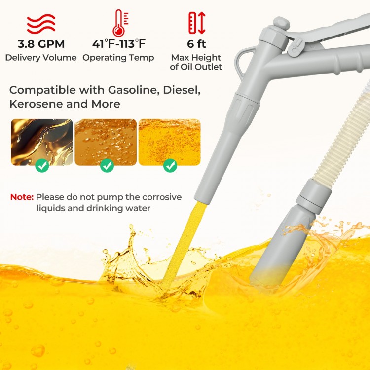 Fuel transfer pump with flow control nozzle, 3.8 GPM, compatible with gasoline, diesel, and kerosene for easy fueling.