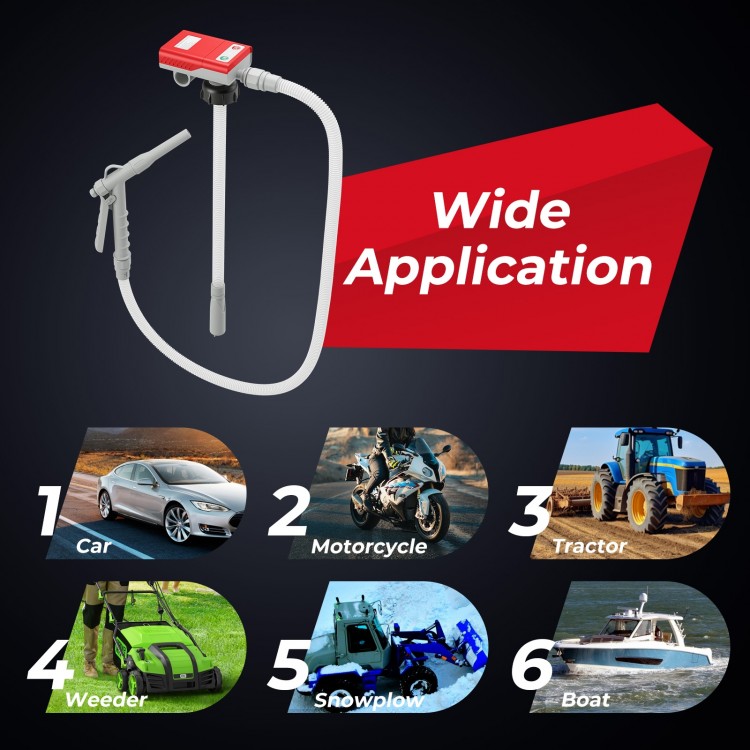 Fuel transfer pump with nozzle for flow control, suitable for car, motorcycle, tractor, and boat applications.