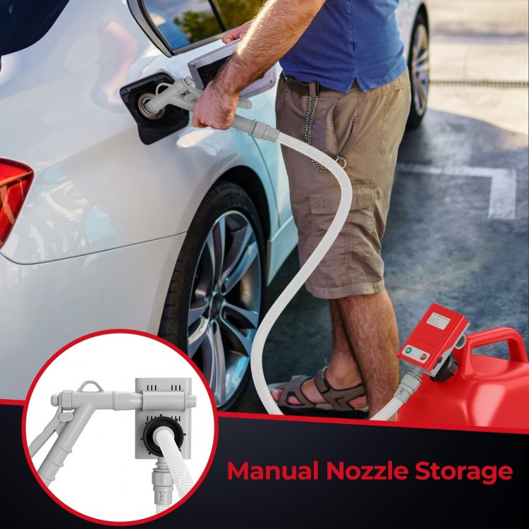 Fuel transfer pump with flow control nozzle, designed for easy fuel transfer and storage, compatible with various gas.