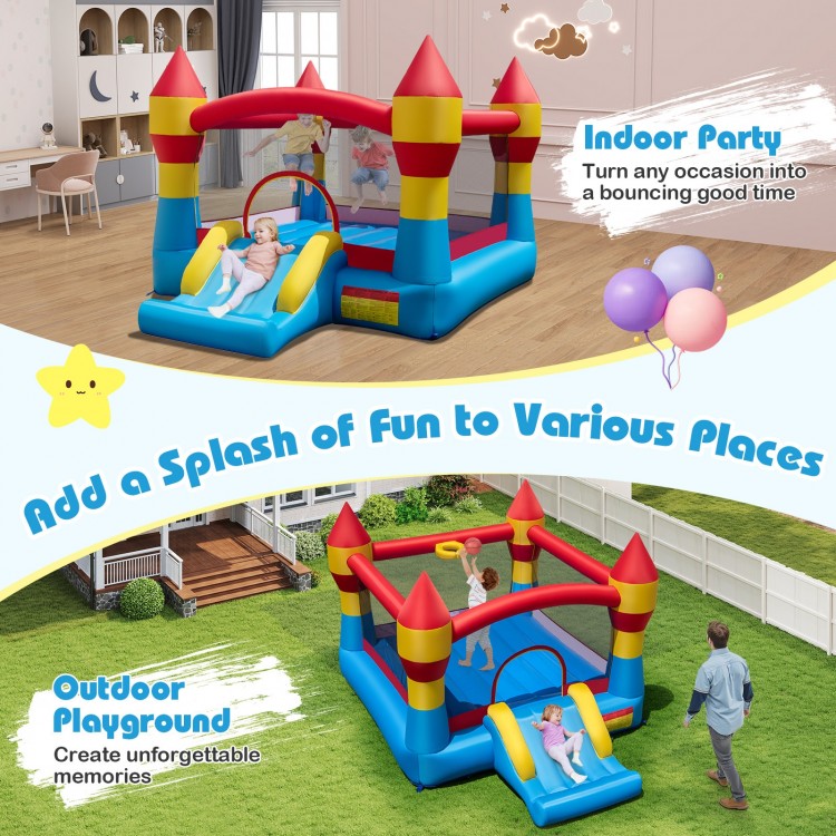 3-in-1 kids bouncer with slide and basketball hoop, made of durable 420D oxford cloth, for indoor and outdoor fun.