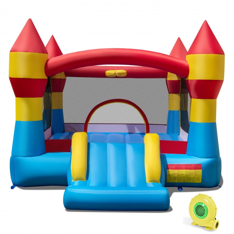 Colorful 3-in-1 kids bouncer with slide and basketball hoop, made of durable 420D oxford cloth for outdoor fun.