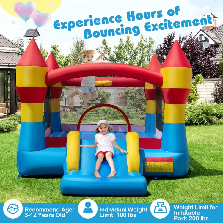 3-in-1 kids bouncer with slide, featuring a large jumping area and basketball hoop for outdoor fun and excitement.