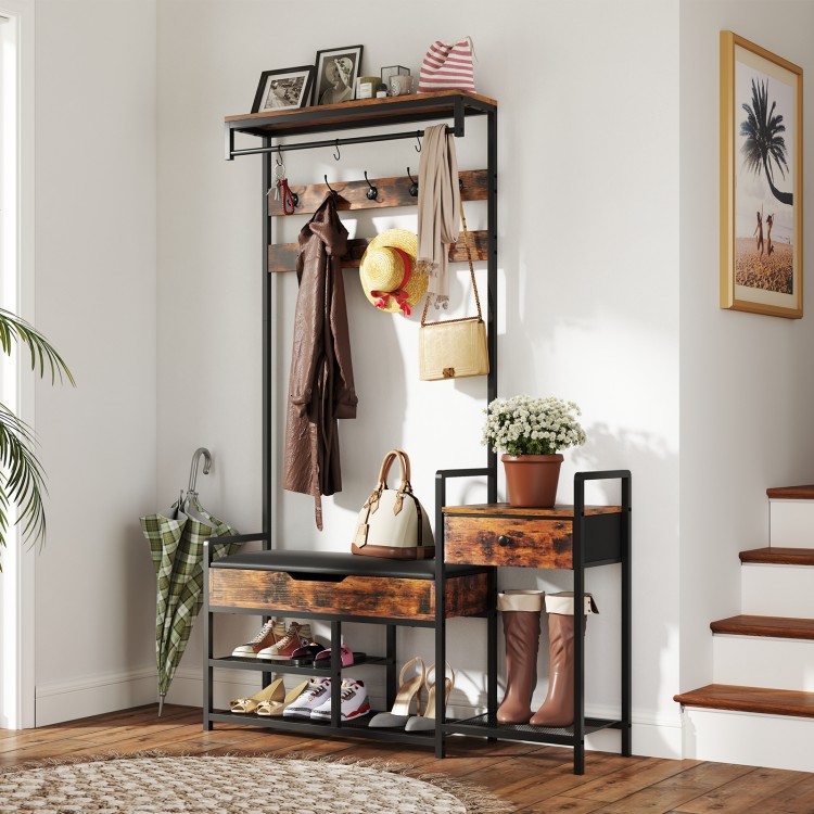 Rustic brown 70-inch hall tree with shoe storage bench, featuring hooks and shelves for organized entryway storage.