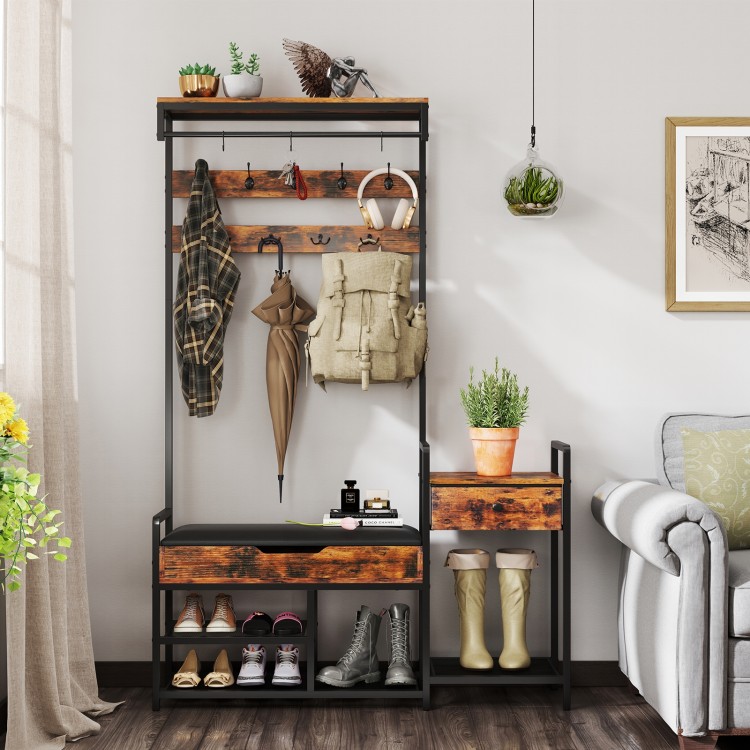 Close-up of the rustic brown shoe storage bench with high-density sponge padding for comfortable seating and stylish.
