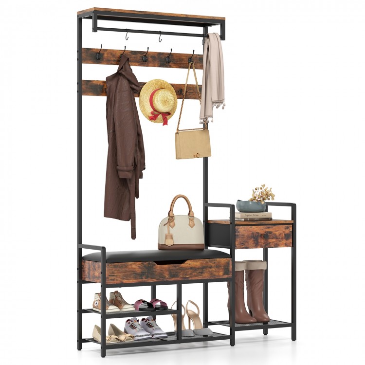 Freestanding 70-inch hall tree in rustic brown with shoe storage bench, hooks, and shelves for organized entryway.