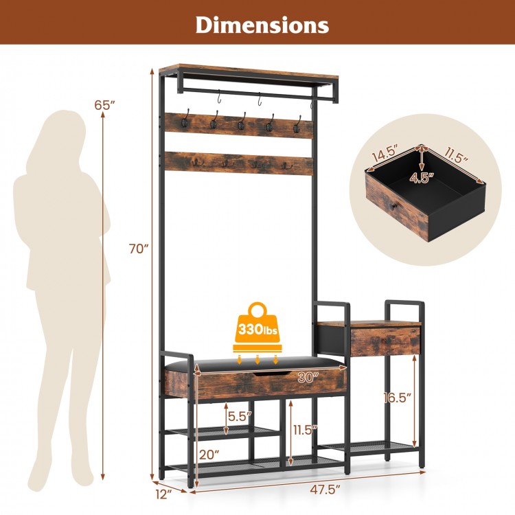 70 Inch Hall Tree with Shoe Storage Bench Freestanding Coat Rack - Gallery View 5 of 7