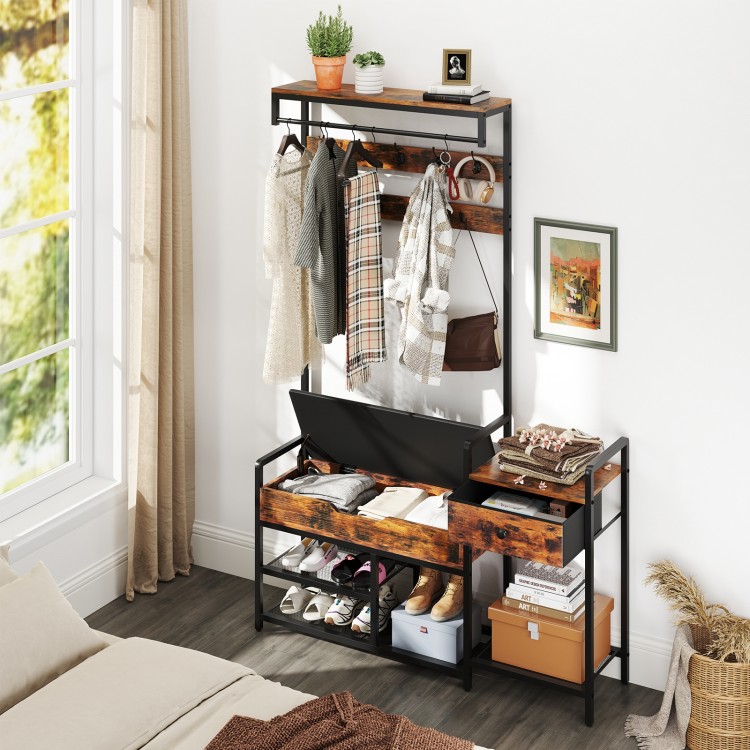 Detail view of the hooks and mesh shelves on the rustic brown hall tree, designed for efficient coat and shoe.