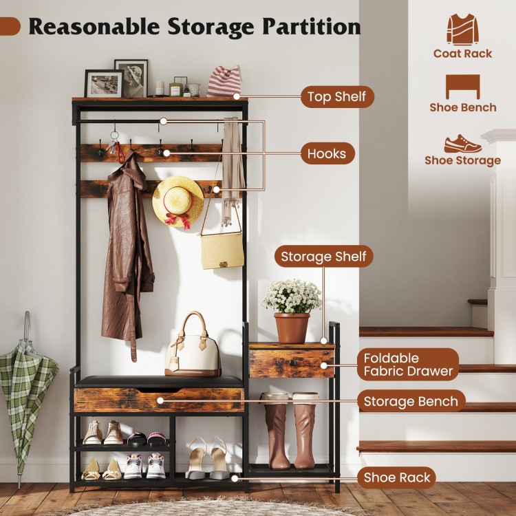 Rustic brown 70-inch hall tree with shoe storage bench, hooks, and shelves for organized entryway storage.