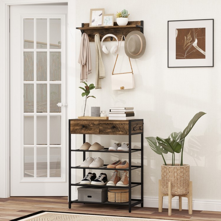 5-tier shoe rack with wall-mounted coat hanger in brown, featuring drawers and hooks for entryway organization.