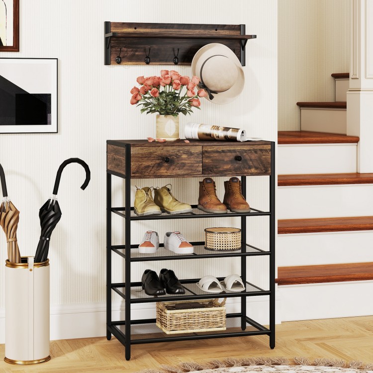 5-tier shoe rack with wall-mounted coat hanger, brown finish, featuring drawers and mesh shelves for entryway.