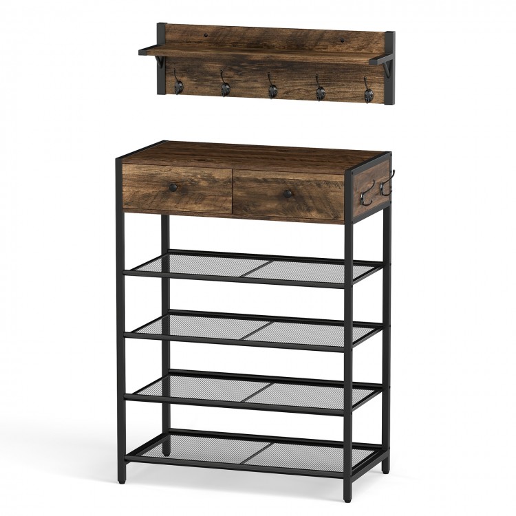 Coat rack and shoe stand set in brown with 5-tier shoe rack, 2 drawers, and wall-mounted coat hanger for entryway use.