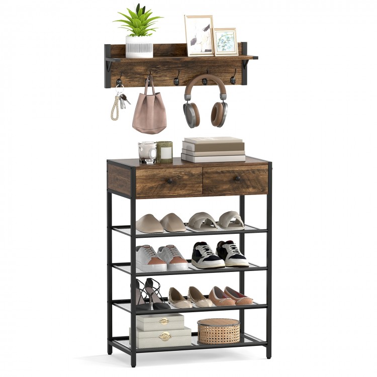 5-tier shoe rack with wall-mounted coat hanger, brown finish, featuring drawers and hooks for entryway organization.