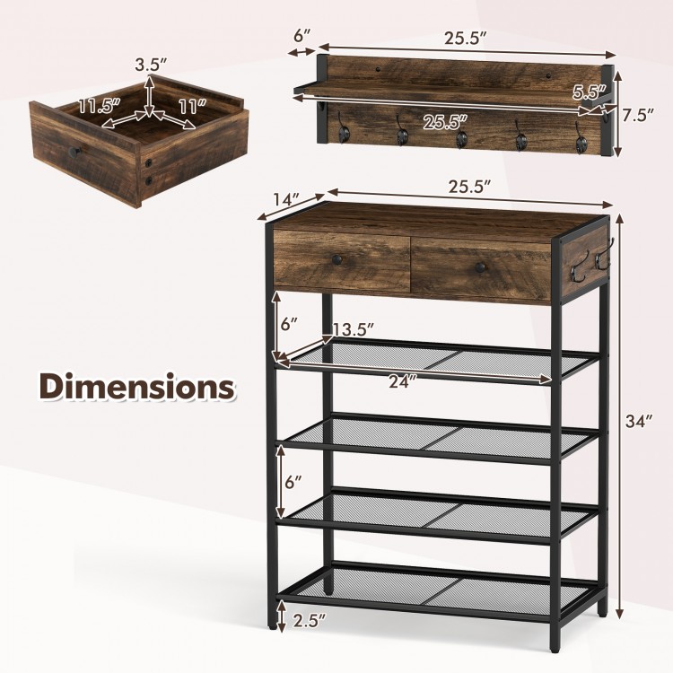 5-tier shoe rack with wall-mounted coat hanger, brown finish, featuring 2 drawers and 4 mesh shelves for organized.