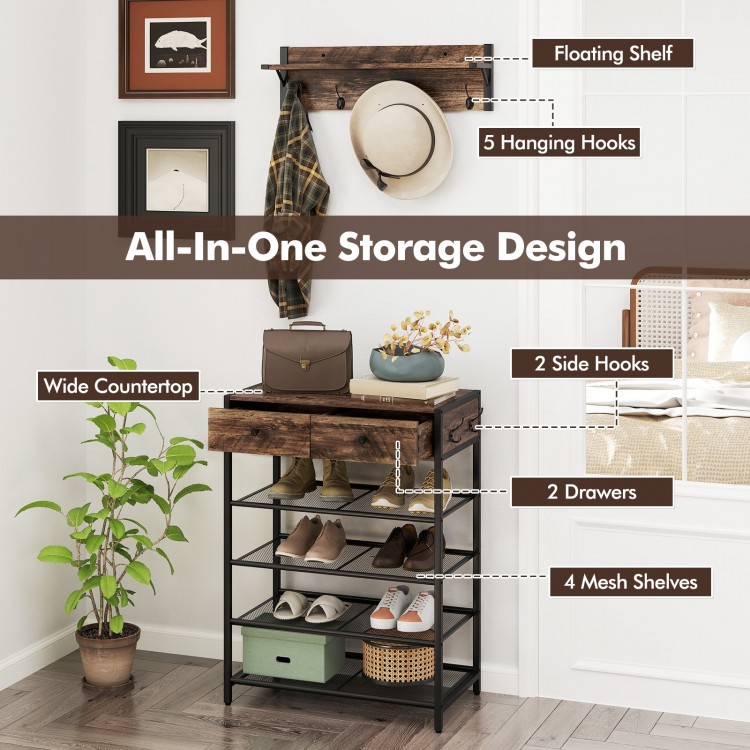 Coat rack shoe stand set in brown featuring 5 hooks, 2 drawers, and 4 mesh shelves for organized entryway storage.