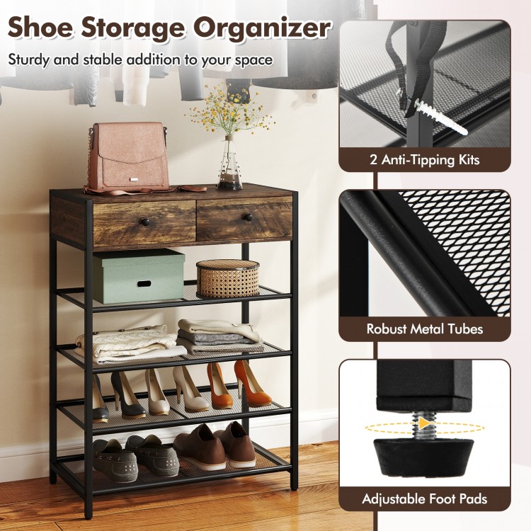 5-tier shoe rack with brown finish, 2 drawers, and wall-mounted coat hanger for entryway or small spaces.