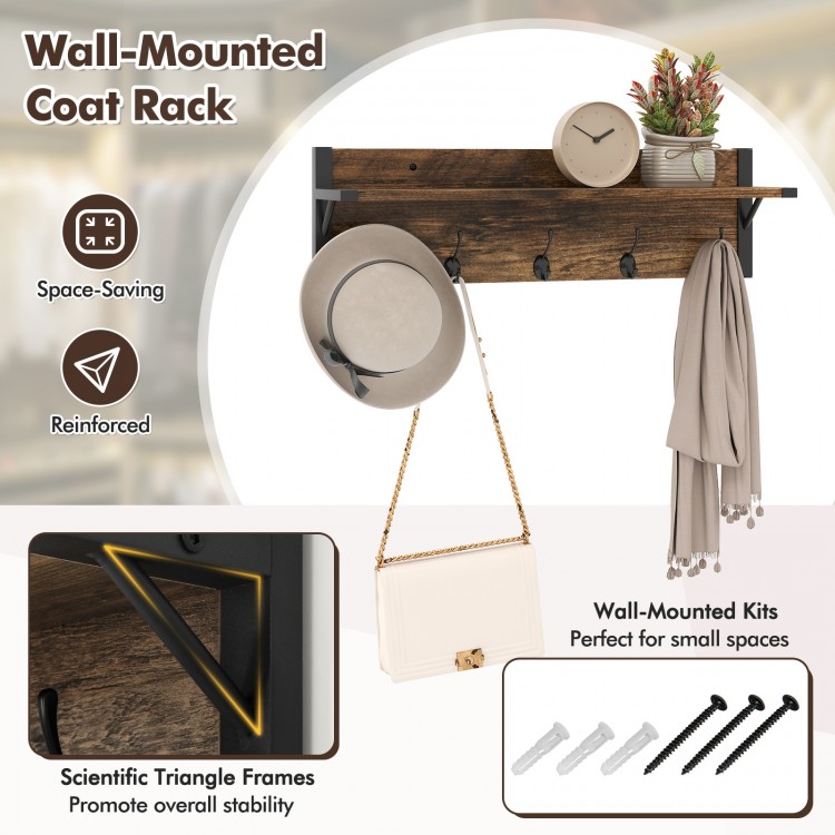 Wall-mounted coat rack with 5 hooks and floating shelf in brown, ideal for small spaces and entryway organization.