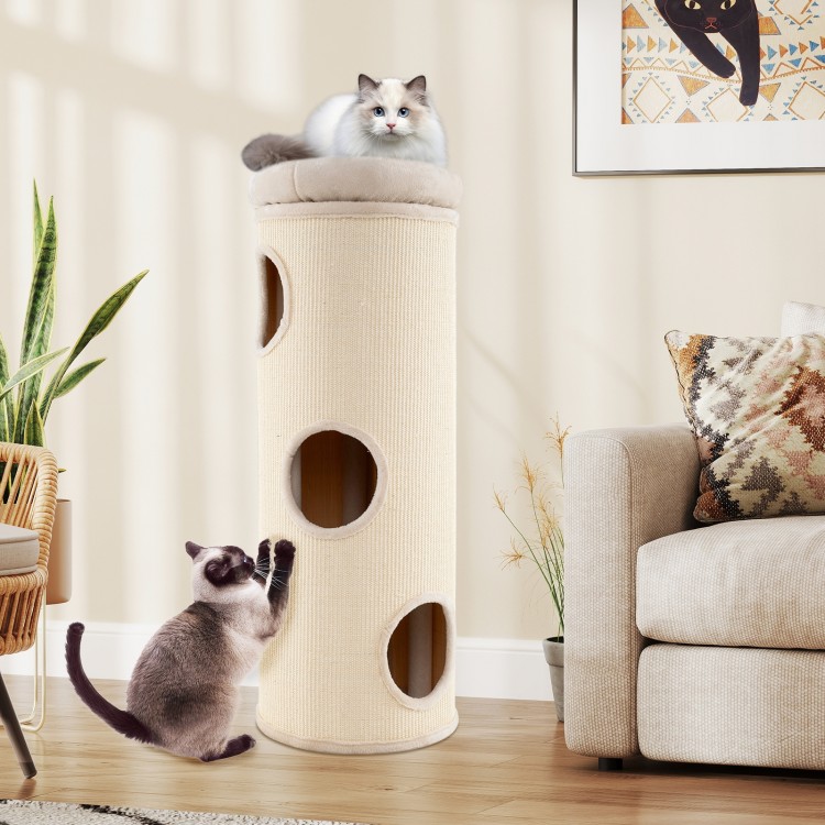 Elevated 49-inch beige cat house with 4 stories, scratching board, and comfy top perch for multiple cats.