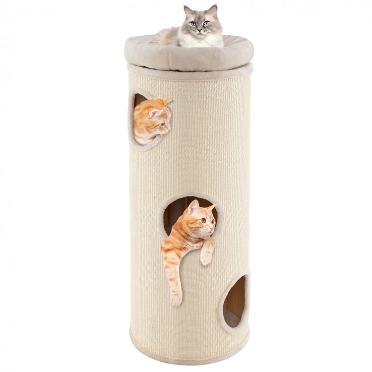 Beige 49-inch elevated cat house showcasing large openings for multiple cats to play and explore in a cozy 4-story.