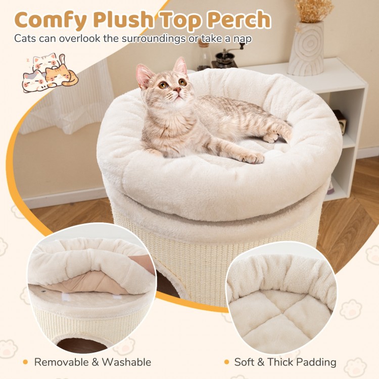 Comfy top perch of the 49-inch elevated cat house in beige, featuring soft padding for naps and relaxation.