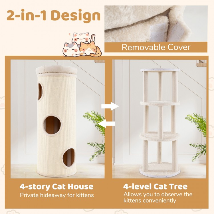 4-story beige cat house with removable cover, features a cozy top perch and sisal scratching board for multiple cats.