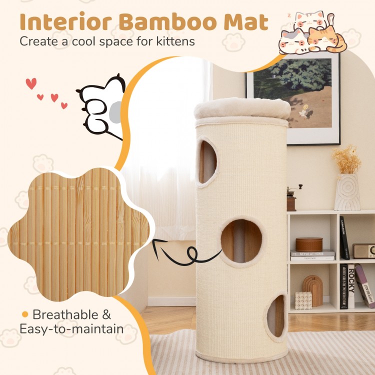 Elevated 49-inch beige cat house with bamboo mat, 4 stories, removable cover, perfect for multiple kittens.