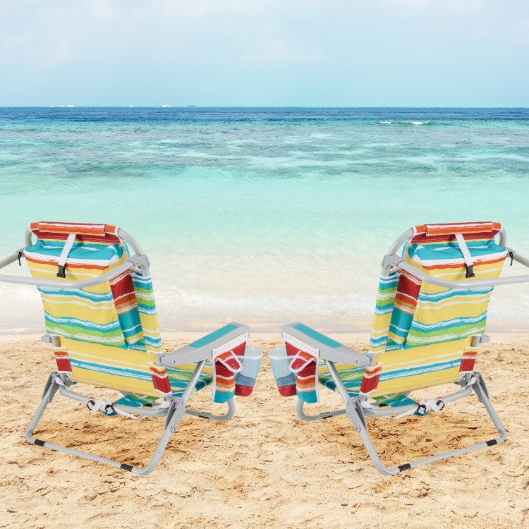 Foldable multicolor beach chairs with cup holders, adjustable backrests, and storage pockets for outdoor relaxation.
