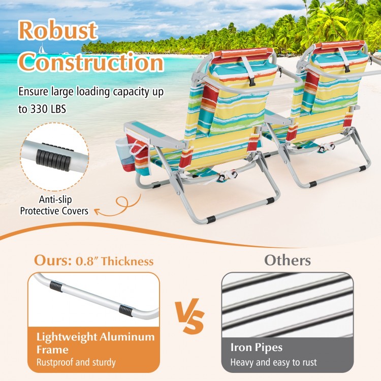 Foldable multicolor beach chair with adjustable backrest, lightweight aluminum frame, and storage pockets for outdoor.