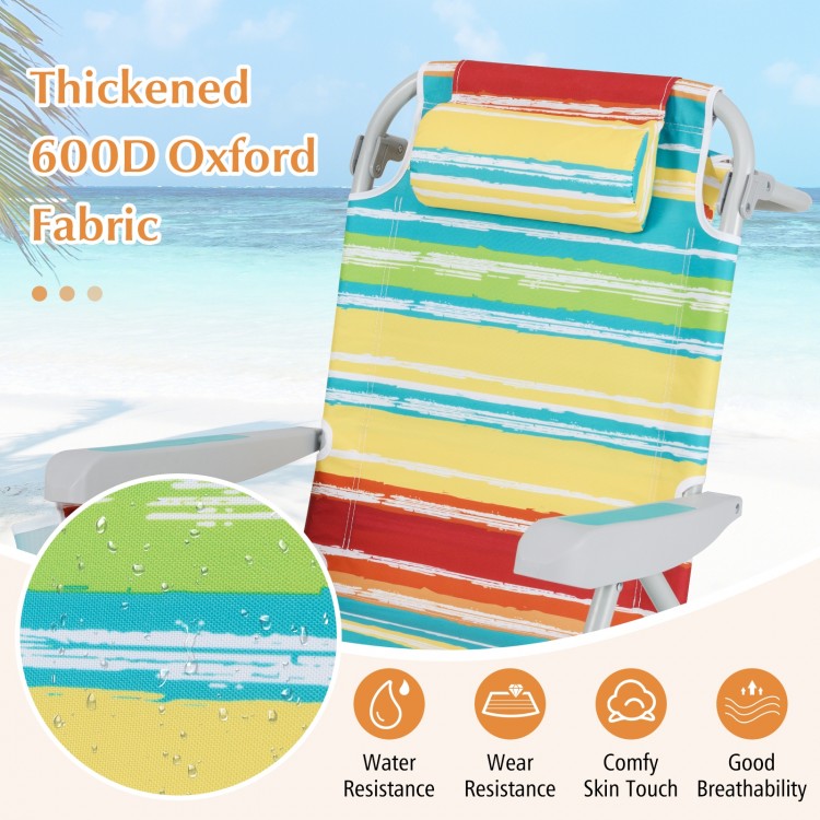 Foldable beach chair in multicolor with 600D Oxford fabric, adjustable backrest, and cup holder for outdoor relaxation.