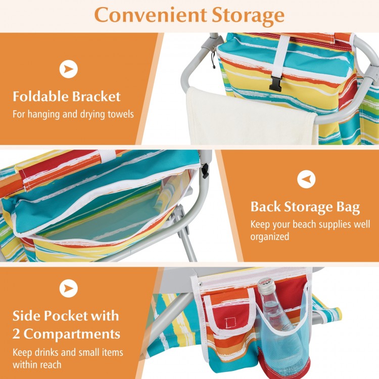 Multicolor foldable beach chair with adjustable backrest, storage pockets, and cup holder for outdoor relaxation.