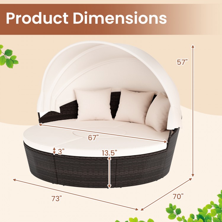 Patio round daybed dimensions with retractable canopy, featuring a durable PE rattan design for outdoor relaxation.
