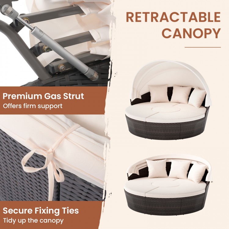 Close-up of the patio round daybed's retractable canopy and premium gas strut, designed for outdoor comfort and shade.
